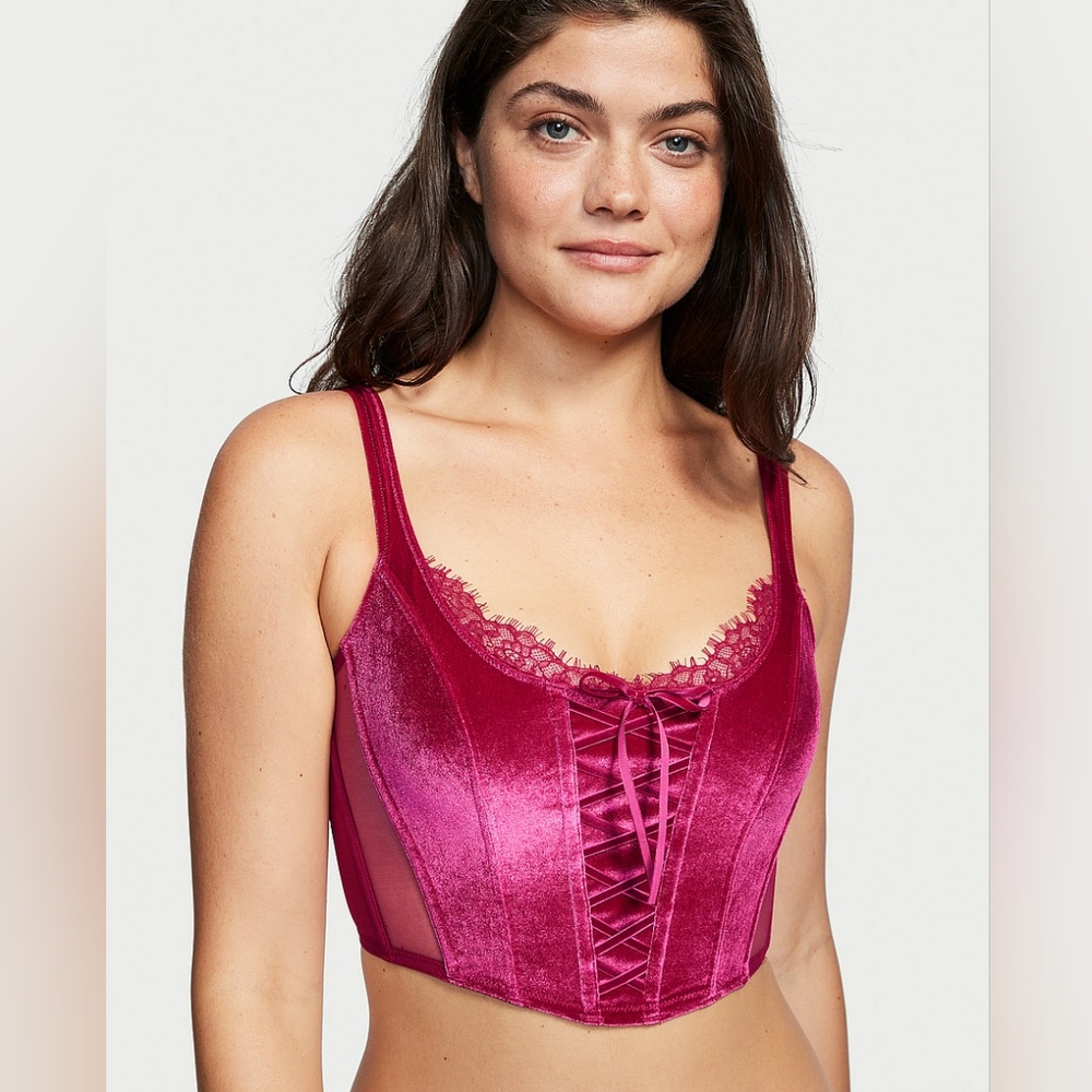 Victoria Secret Unlined Lace-Up Velvet Corset Top - Picture 4 of 6